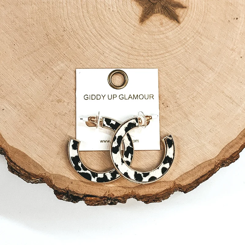 Handmade Crystal Hoop Earrings-Animal Print Gold Hoops in White/Black