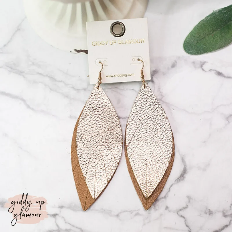 Geometric Drop Earrings for Women-Two-Toned Light As a Feather Leather Earrings in Gold