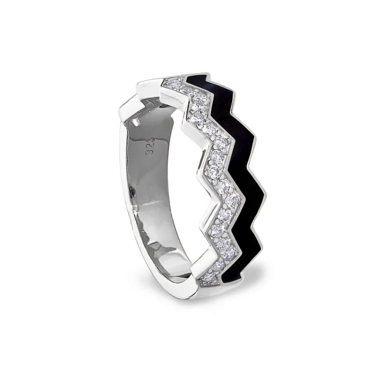 Wedding Rings for Couples-Platinum Finish Sterling Silver Micropave Ring with with Black Enamel and Simulated Diamondss