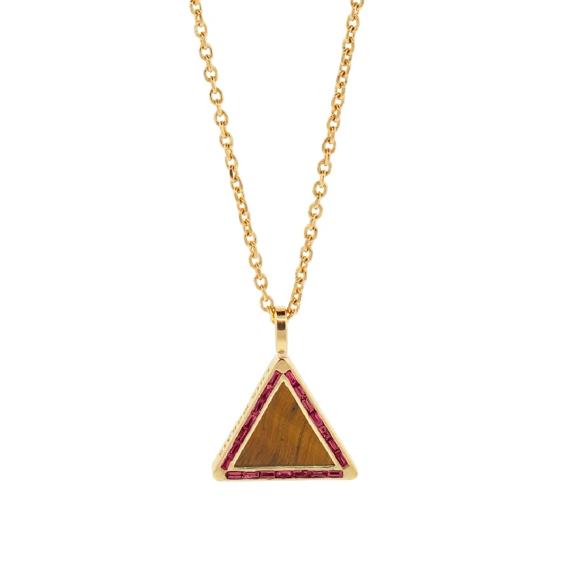 Choker Necklaces-Triangle Tiger's Eye Pendant Necklace with Ruby Baguettes