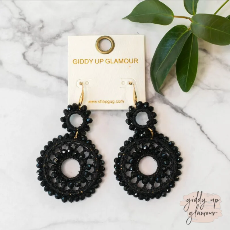 Large Gemstone Earrings for Women-Crocheted Earrings with Beaded Trim in Black