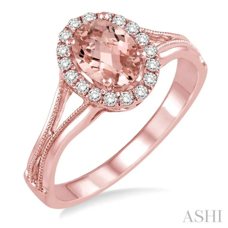 Customizable Engagement Rings-7x5 MM Oval Shape Morganite and 1/6 Ctw Round Cut Diamond Ring in 14K Rose Gold