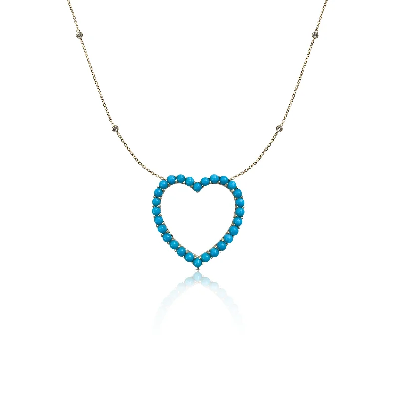 Stainless Steel Necklaces-14k Diamond and Turquoise Open Heart Necklace