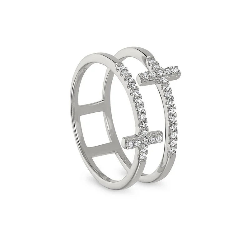 Designer Engagement Bands-Platinum Finish Sterling Silver Micropave Double Cross Ring with Simulated Diamonds