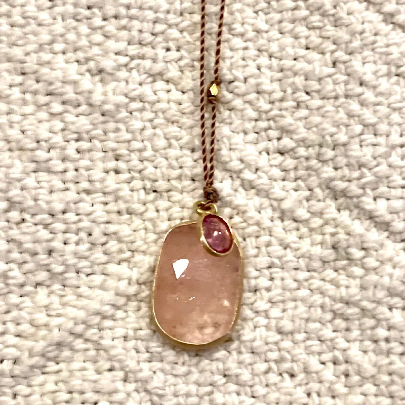 Quote Necklaces-One of a Kind 14K Gold Framed Morganite with Tourmaline on Cord Necklace