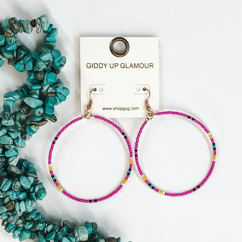 Custom Hoop Drop Earrings for Women-Circle Beaded Dangle Earrings in Fuchsia