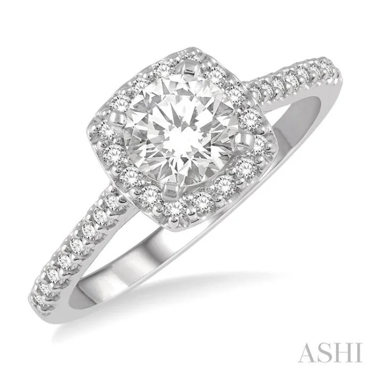 Custom Vintage Promise Rings-3/4 Ctw Diamond Ladies Engagement Ring with 1/2 Ct Round Cut Center Stone in 14K White Gold