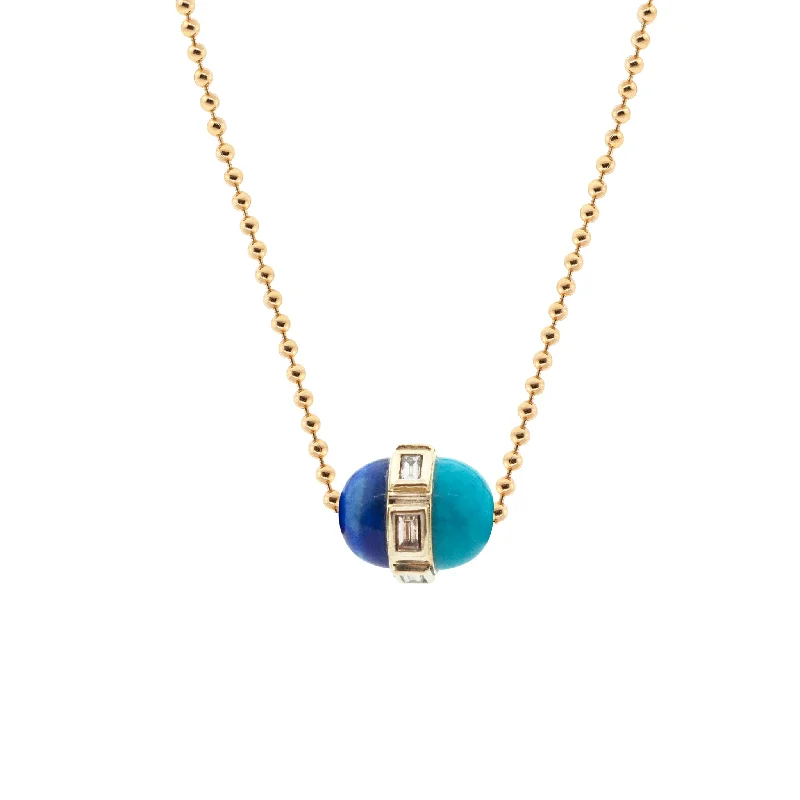 Trendy Pendant Necklaces-Lapis/Turquoise Pendant With White Diamonds On A Gold Ball Chain Necklace