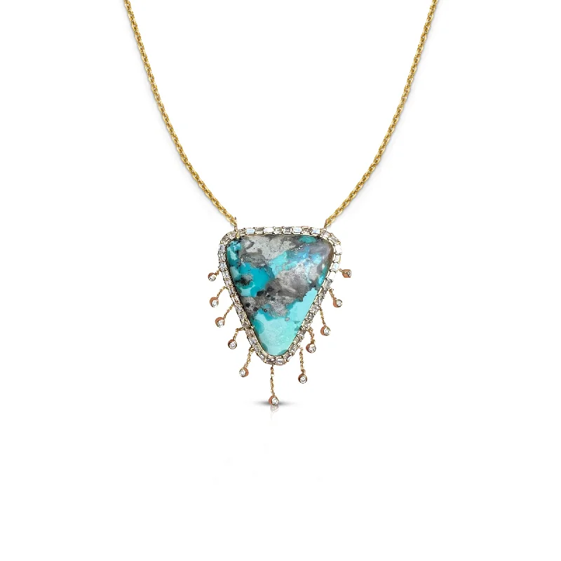 Topaz Necklaces-14k Turquoise Diamond Dangle Shield Necklace