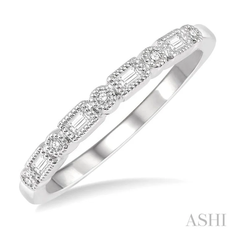 Custom Signet Wedding Rings-1/10 Ctw Lattice Baguette and Round Cut Diamond Stackable Band in 14K White Gold