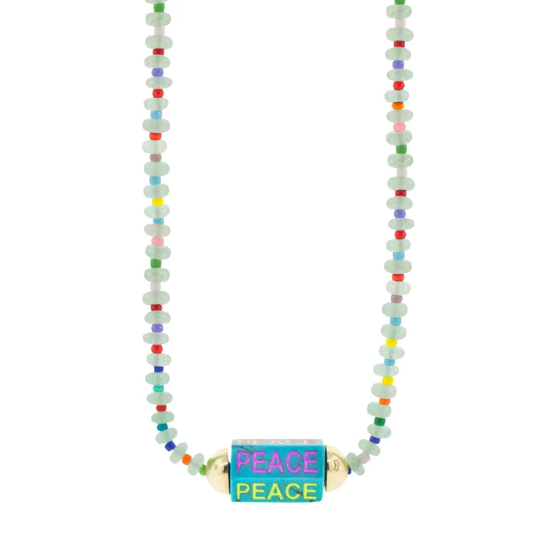 Color Changing Necklaces-Enameled "Peace" Turquoise Hexagon Beaded Necklace