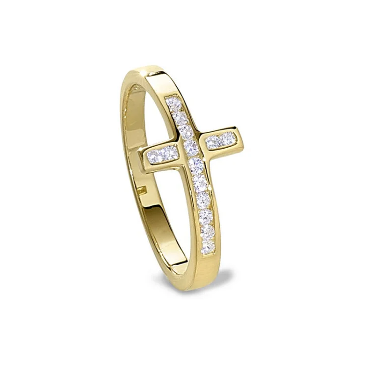 Couples Engagement Ring Sets-Gold finish sterling silver micropave cross ring with simulated diamonds - size 5