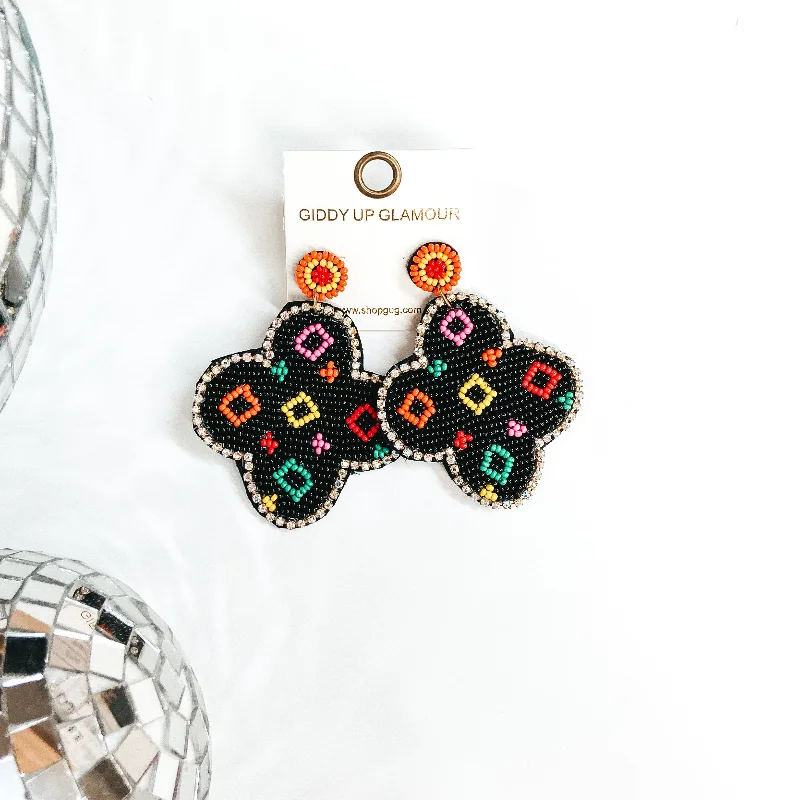 Sparkling Drop Stud Earrings-Designer Lifestyle Seedbead Quatrefoil Earrings in Black