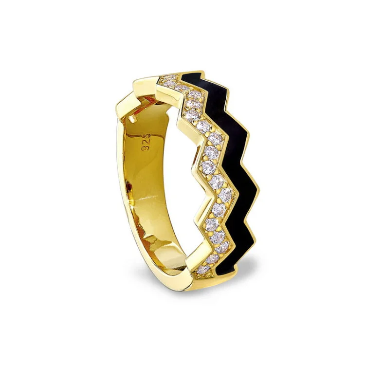 Unique Vintage Rings-Gold Vermeil Sterling Silver Micropave Ring with with Black Enamel and Simulated Diamondss