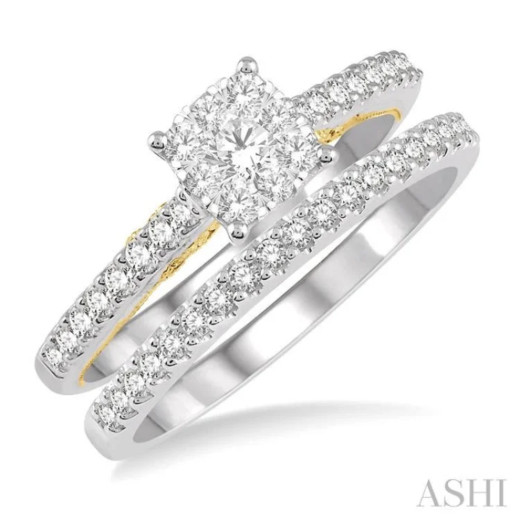 Handmade Engagement Bands-5/8 Ctw Lovebright Diamond Wedding Set With 1/2 Ctw Cushion Shape Engagement Ring 14K White and Yellow Gold & 1/6 Ctw Wedding Band in 14K White Gold