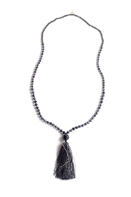 Birthstone Necklaces-Crystal Tassel Necklace - Black