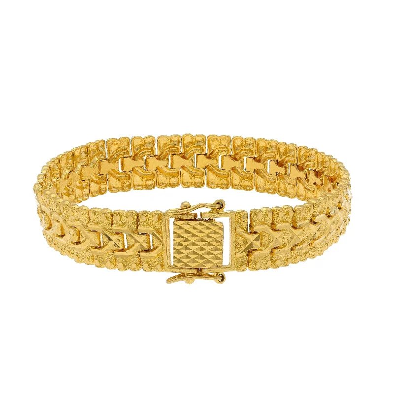 Personalized Friendship Bracelets for Adults-22K Yellow Gold Men's Watch Band Bracelet W/ Triple Row Textured Links