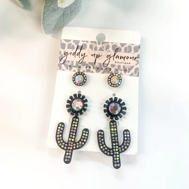 Trendy Drop Earrings for Women-Set of Three | Cactus Stud Earring Set with AB Crystals in Black