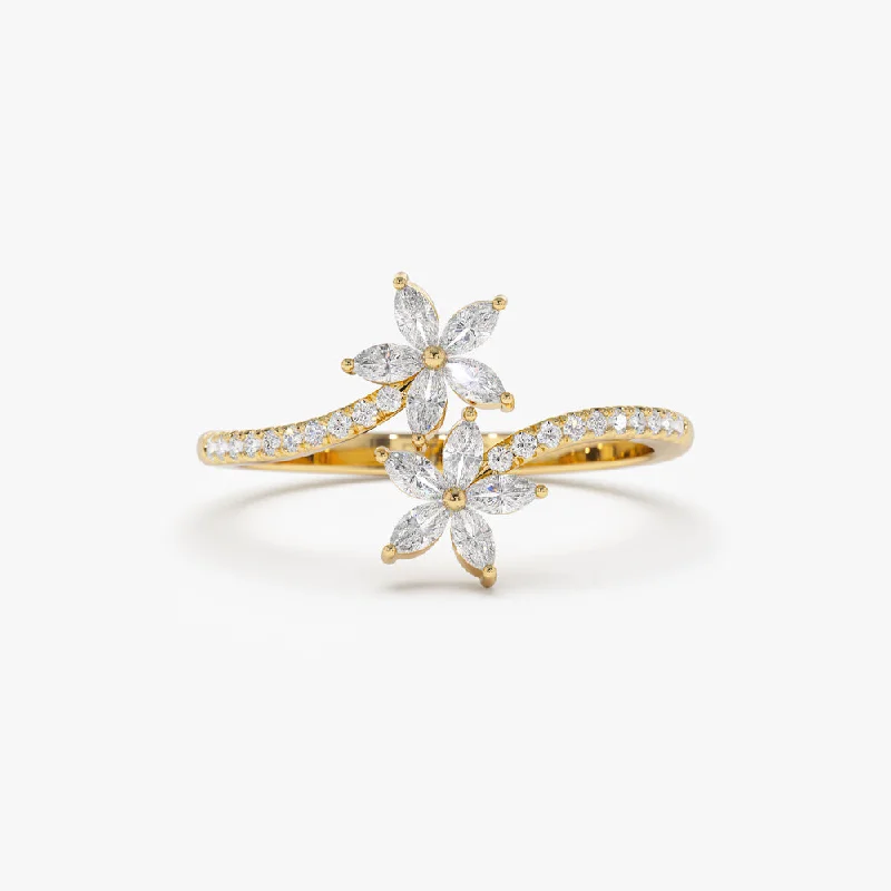 Simple Diamond Rings for Men-Marquise Diamond Flower Bypass Ring in 14k