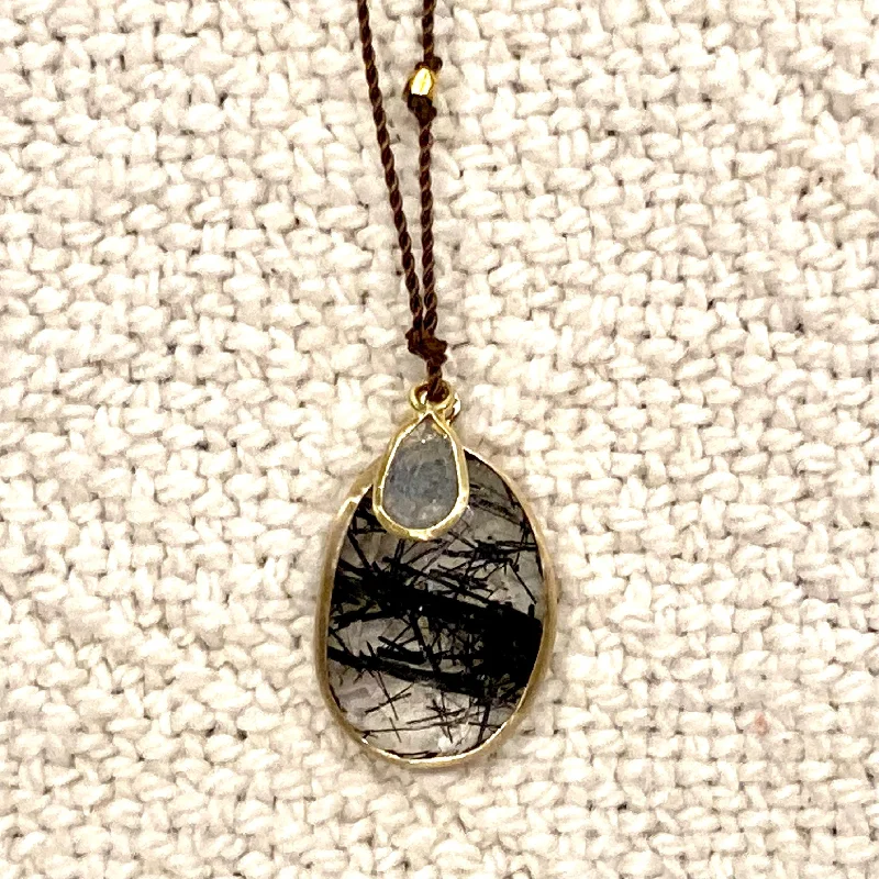 Natural Gemstone Necklaces-One of a Kind 14K Gold Framed Rutilated Quartz with Diamond Slice on Cord Necklace