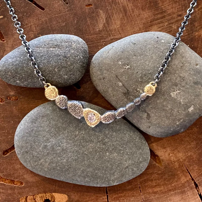 Silk Thread Necklaces-18K Gold Diamond and Textured Oxidized Sterling Silver Pebbles Bridge Necklace