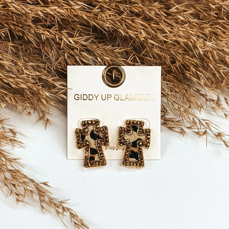 Trendy Gold Earrings for Women-Staying Neutral Cross Studs in Leopard Print with Bronze Beaded Outline