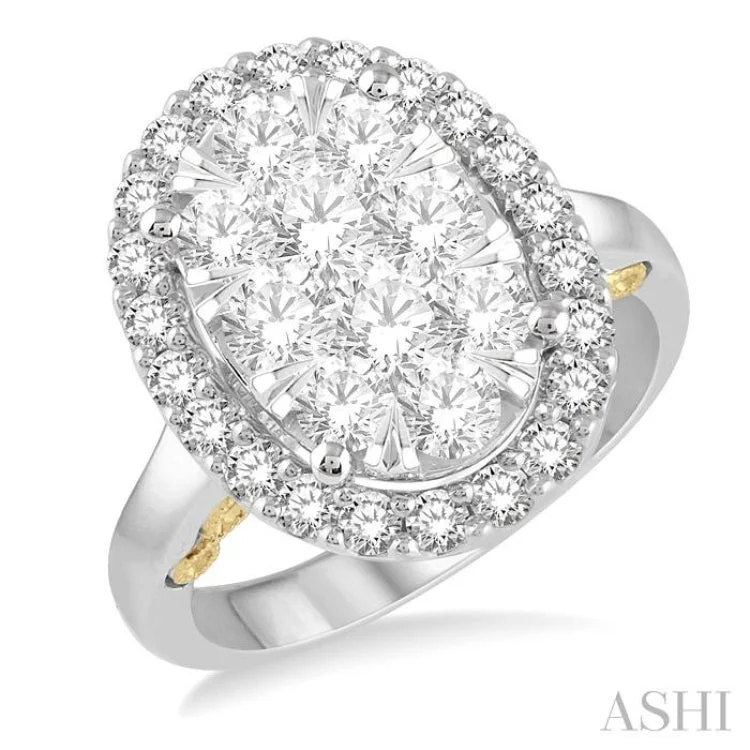 Elegant Diamond Rings-2 Ctw Oval Shape Lovebright Diamond Cluster Ring in 14K White and Yellow Gold