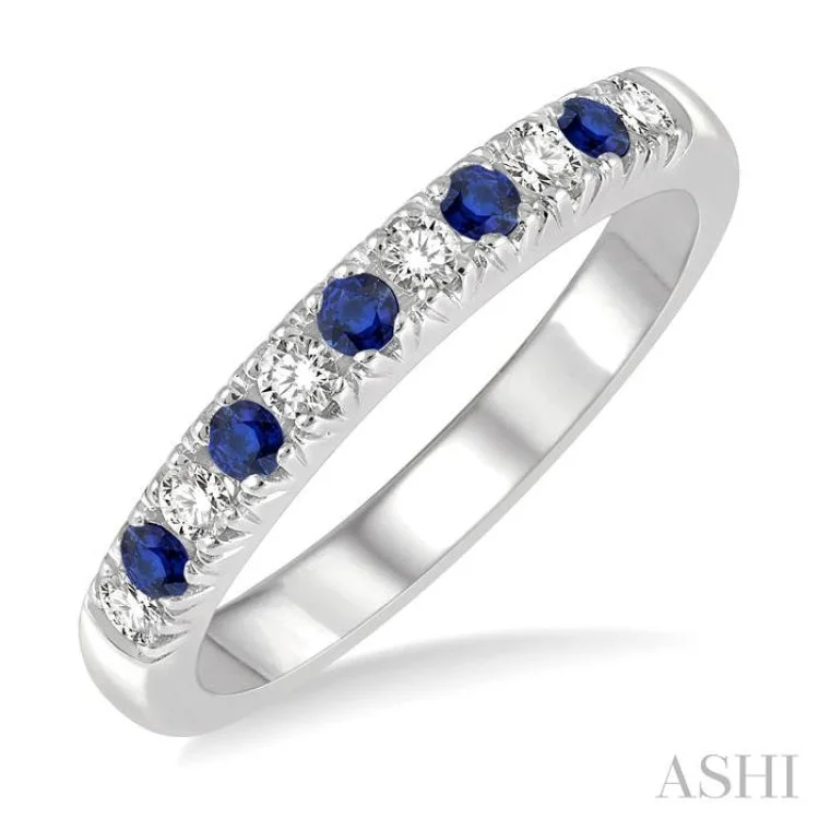 Stylish Promise Rings-1/5 ctw Round Cut Diamond and 2MM Sapphire Precious Wedding Band in 14K White Gold