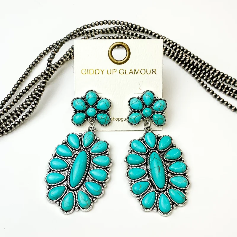 Custom Hoop Drop Earrings for Women-Turquoise Stone Oval Flower Earrings