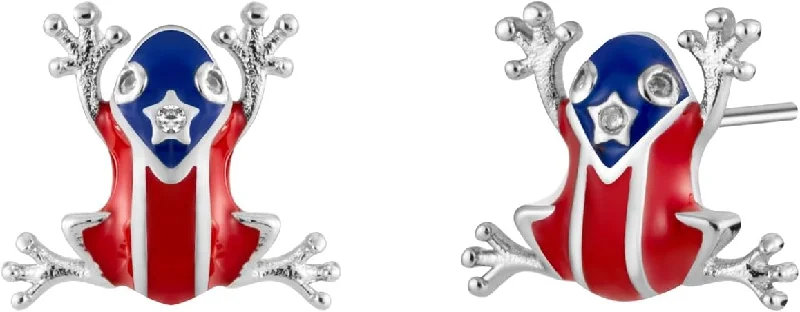 Designer Crystal Drop Earrings-Puerto Rico Flag Coqui Frog Stud Earrings