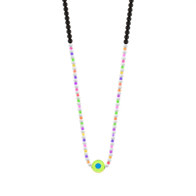 Colorful Necklaces-Enameled Neon Yellow Evil Eye Disk on Beaded Necklace