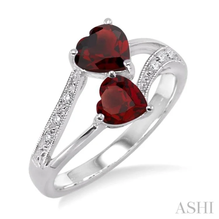 Vintage Promise Rings for Women-5&6 mm Heart Shape Garnet and 1/50 Ctw Single Cut Diamond Ring in Sterling Silver