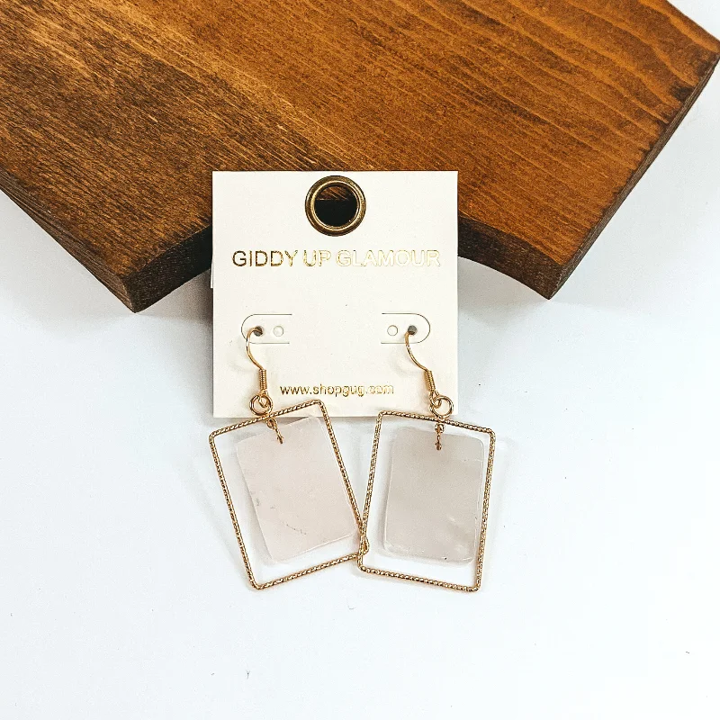 Handcrafted Drop Earrings-Gold Wire Rectangle Earrings with Stone Pendant in Rose