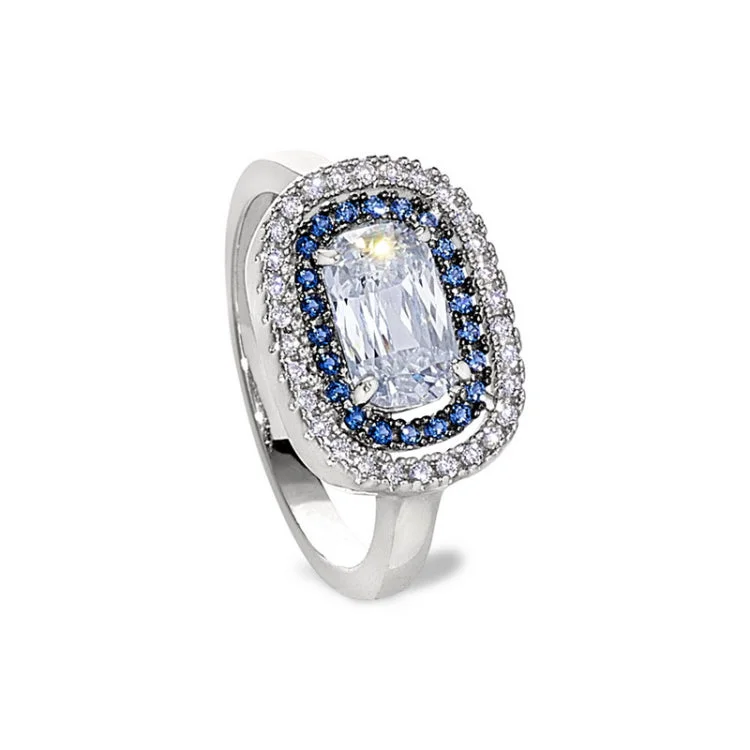 Handcrafted Engagement Rings-Gold vermeil and black rhodium finish sterling micropave ring with synthetic blue sapphire and simulated diamonds - size 5