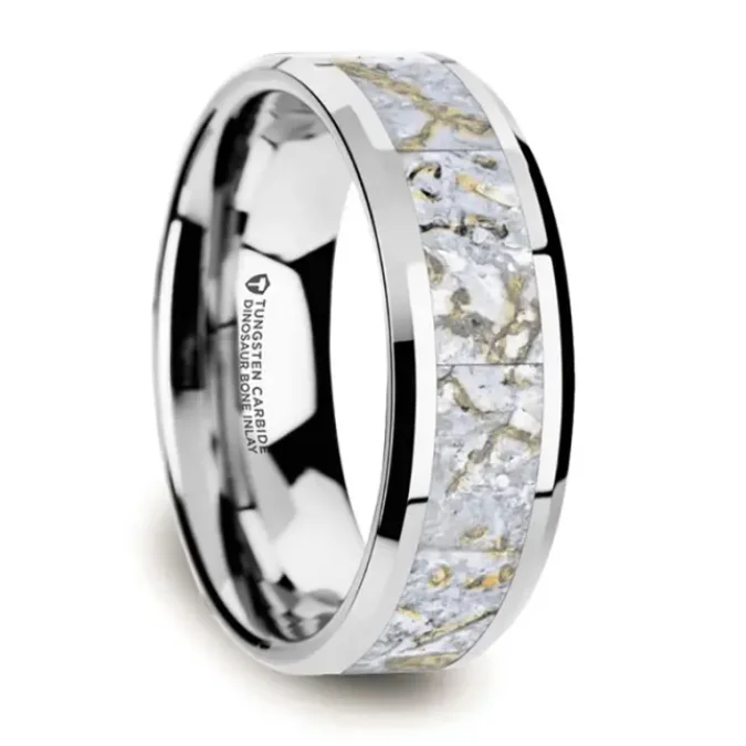 Rose Gold Wedding Rings for Women-MESOZOIC Men’s Tungsten Flat Beveled Ring with White Dinosaur Bone Inlay - 4mm or 8mm