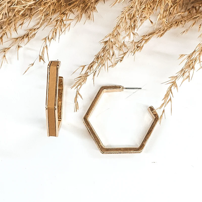 Sparkling Hoop Earrings-Gold Hexagon Hoops with Leather Inlay in Tan