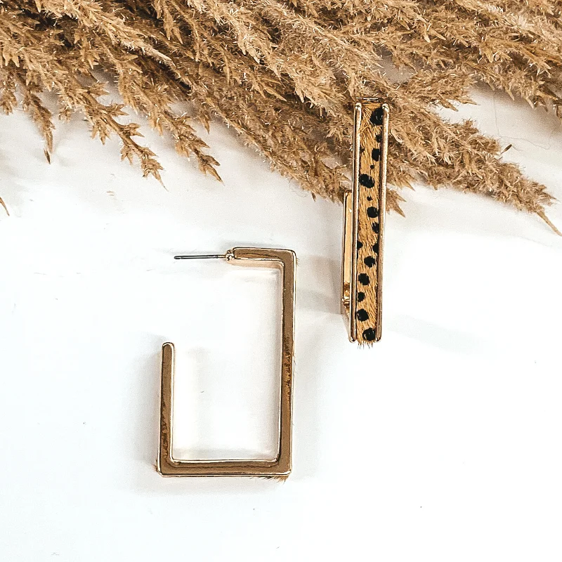 Trendy Pearl Earrings-Gold Rectangle Hoops with Cow Hide Inlay in Brown Dotted