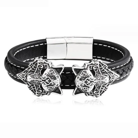 Fashionable Beaded Bracelets for Women-Double Viking Wolf Head Leather Bracelet