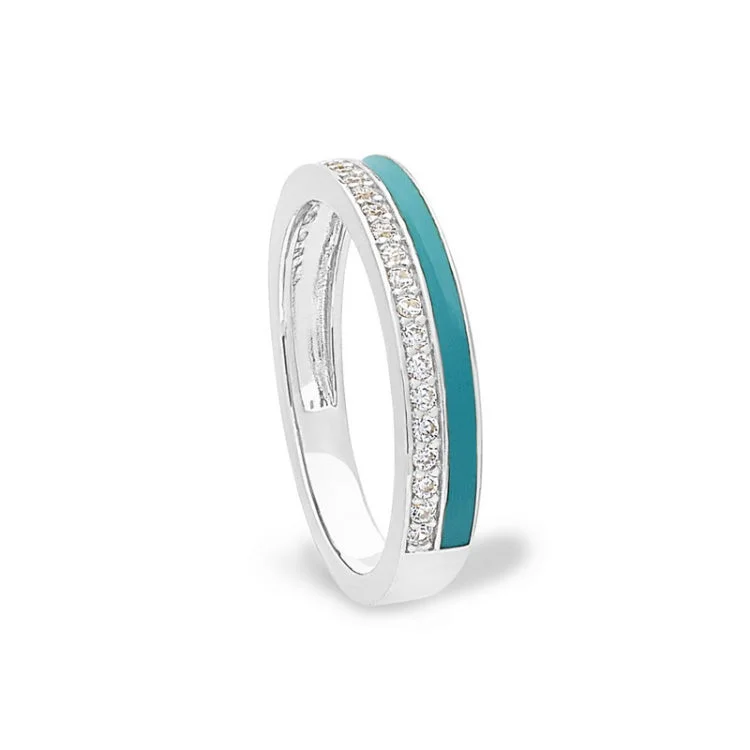 Elegant Diamond Rings-Platinum Finish Sterling Silver Micropave Ring with with Turquoise Enamel and Simulated Diamondss