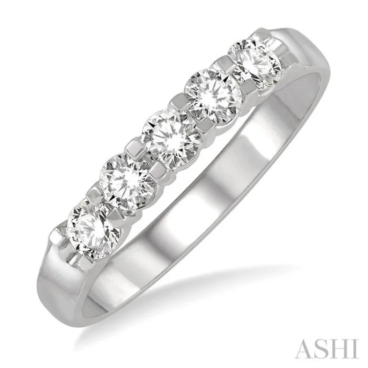 Custom Wedding Band Designs for Men-1/2 ctw 5 Stone Round Cut Diamond Wedding Band in 14K White Gold