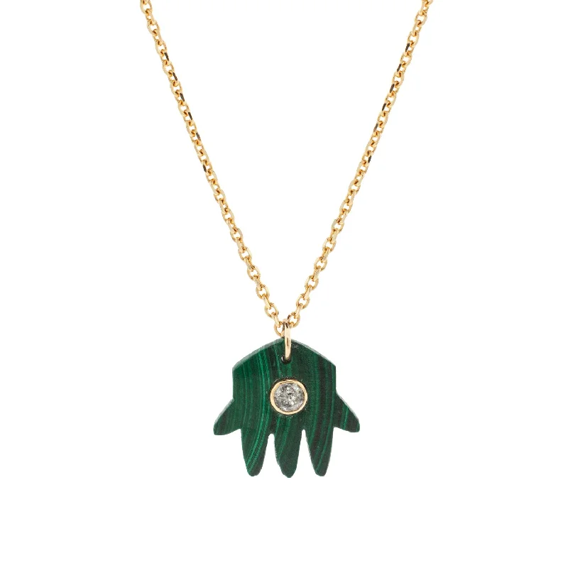 Custom Birthstone Necklaces-Malachite Hand and White Diamond Pendant Necklace