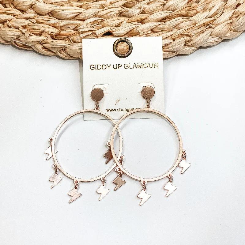 Designer Drop Hoop Earrings-Hoop Post Earrings with Lightning Bolt Dangles in Rose Gold