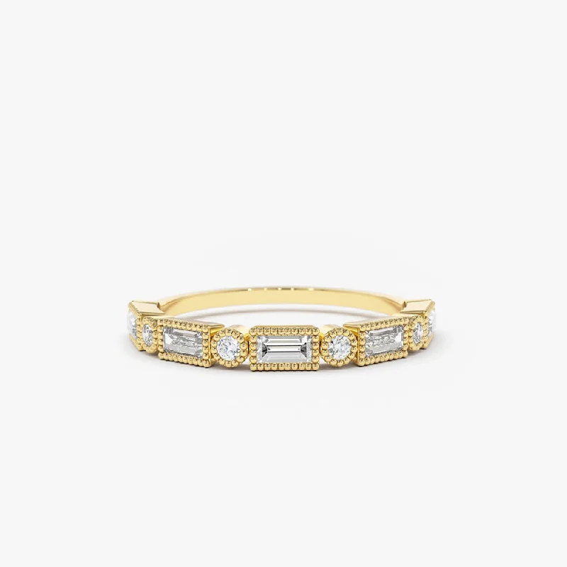 Diamond Engagement Bands for Women-14K Gold Baguette and Round Diamond Ring