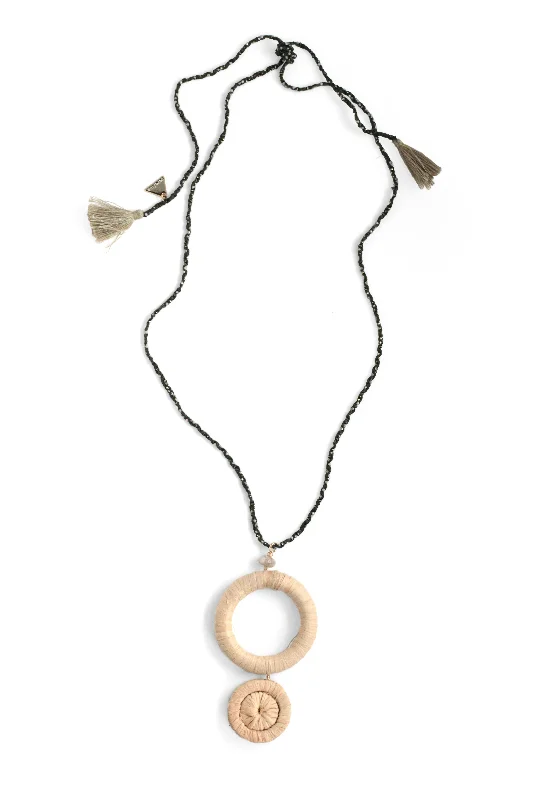 One-Of-A-Kind Necklaces-Raffia Circle Pendant necklace with Moonstone - Pearl