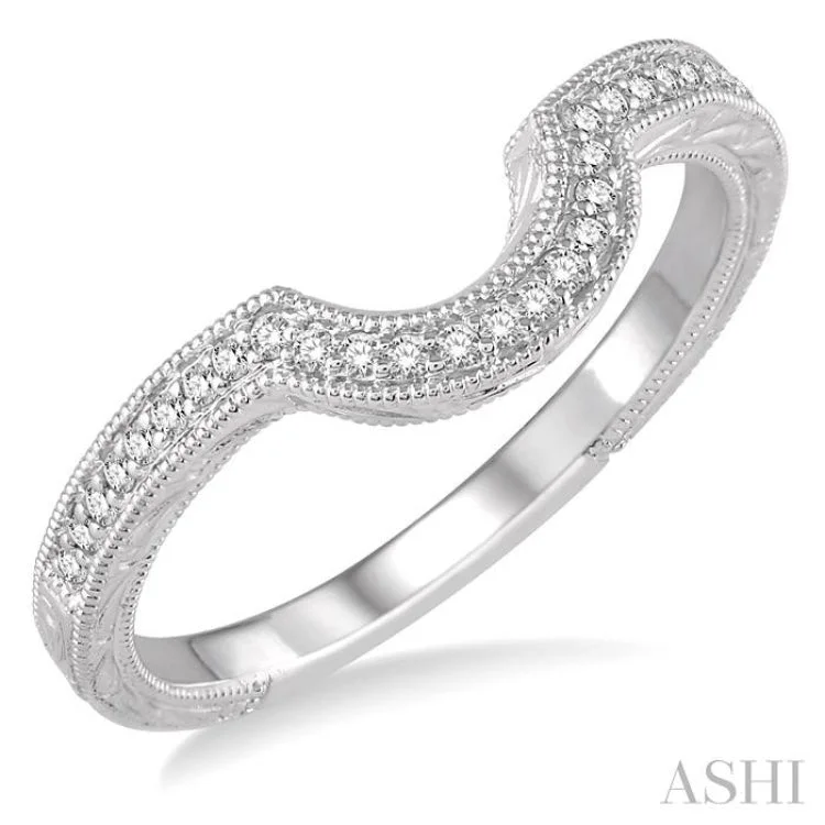 Custom Platinum Promise Rings-1/6 Ctw Curve Center Round Cut Diamond Wedding Band in 14K White Gold