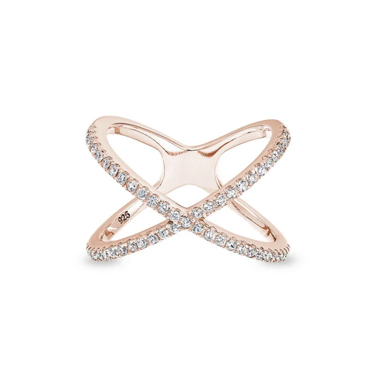 Affordable Custom Engagement Rings-Rose Gold Finish Sterling Silver Micropave Criss-Cross Ring with Simulated Diamonds