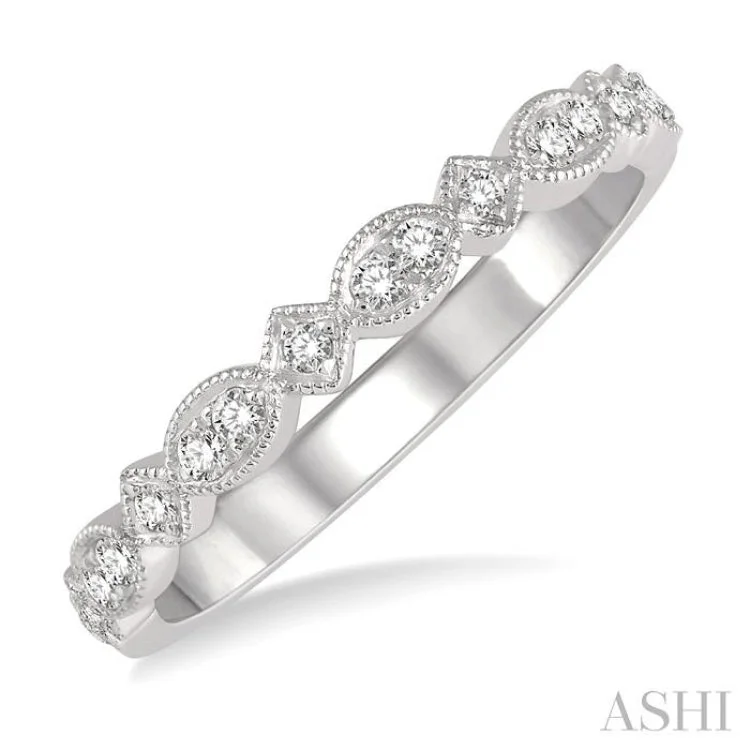 Unique Wedding Ring Sets-1/5 Ctw Marquise & Square Mount Round Cut Diamond Stack Band in 14K White Gold