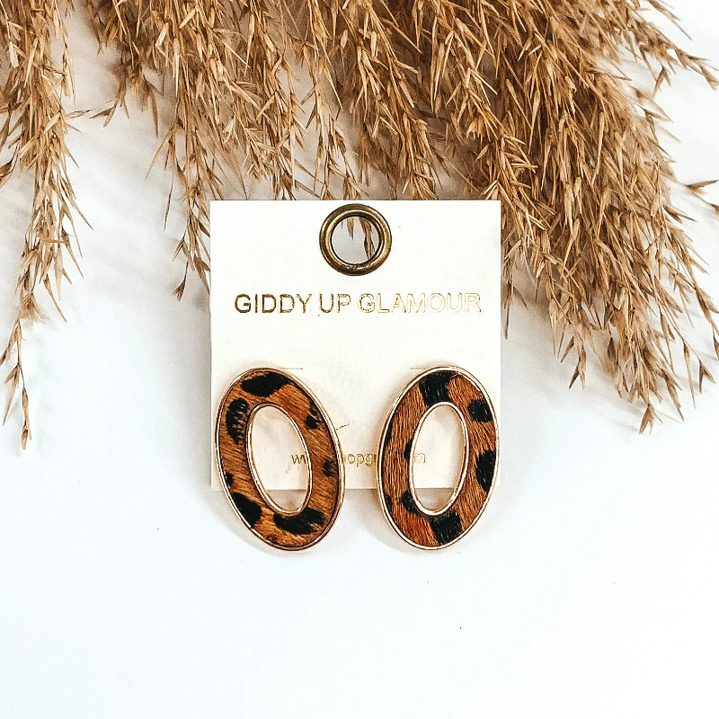 Crystal Dangle Earrings for Women-Gold Open Oval Post Earrings in Brown Animal Print