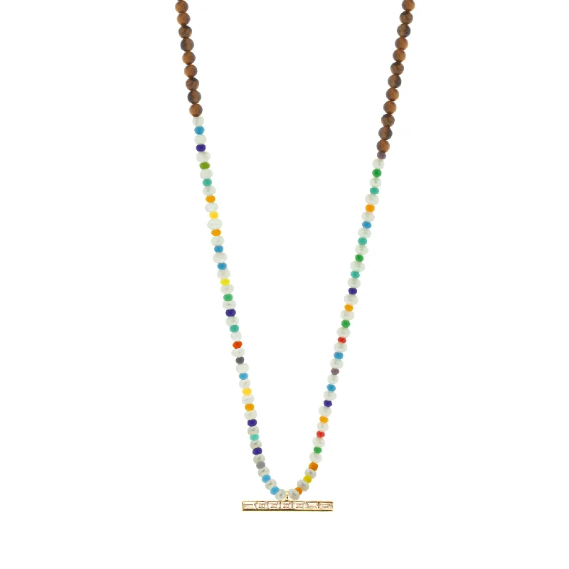 Wedding Necklaces-TLC Diamond Baguette ID Bar on Beaded Necklace