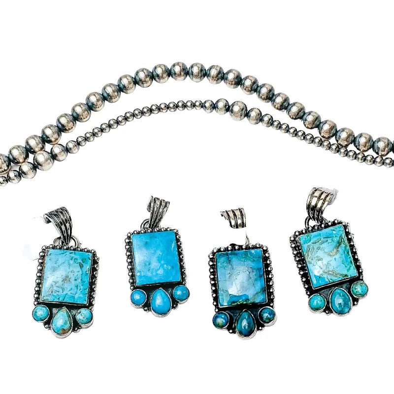 Crystal and Gold Earrings-HaDa Collections | Sterling Silver and Blue Kingman Turquoise Square Stone Pendant with Three Accent Stones